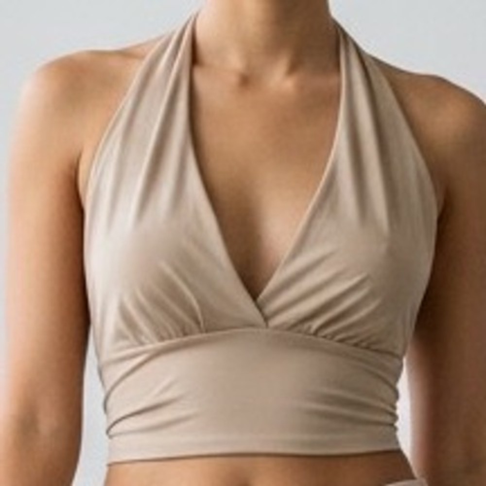 Sabora Tan Beige Halter Wrap Crop Top‎ Deep V-Neck Stretch M Y2K bodycon